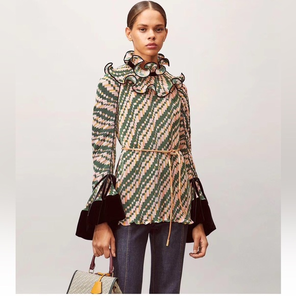 Tory Burch Tops - NWT Tory Burch Convertible Pleated Ruffle Blouse In Mesa Geo